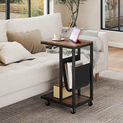 Rustic Brown C Shaped End Table with Wheels and Storage Pouch Metal Frame for Small Rooms - 16" x 11" x 23"
