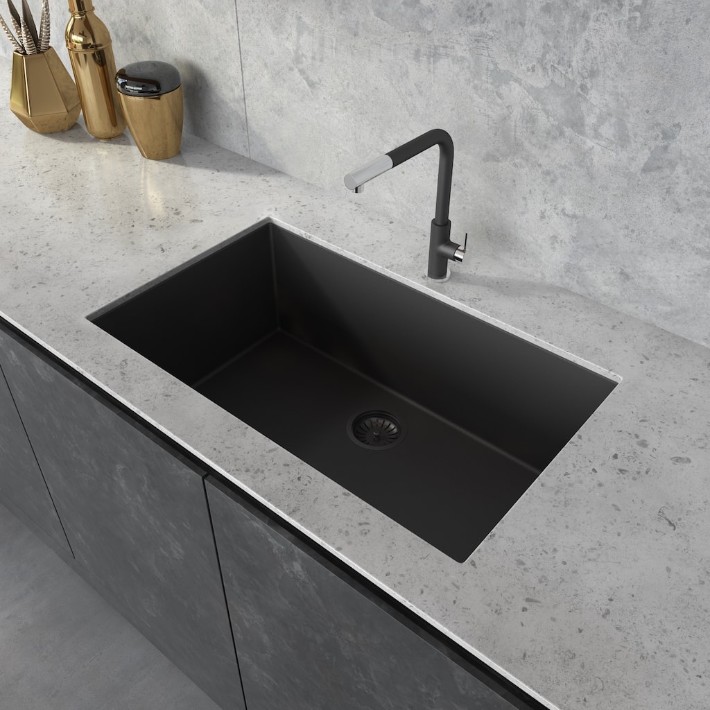 Ruvati 30 x 18 inch Granite Composite Undermount Single Bowl Kitchen Sink - Midnight Black - RVG2030BK
