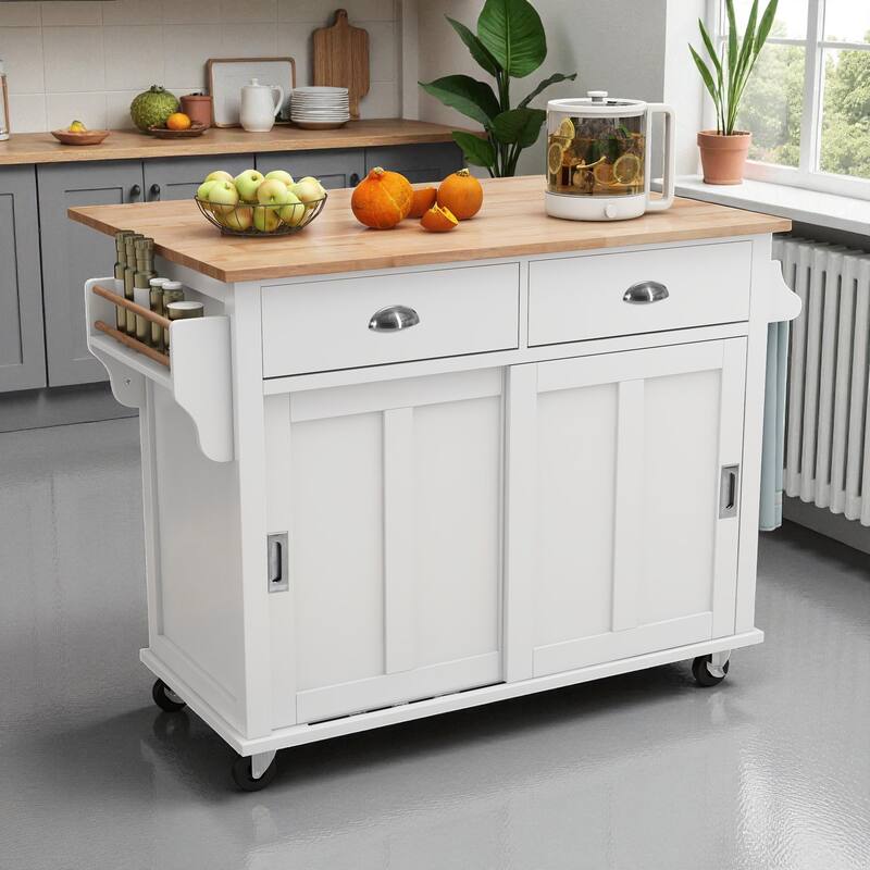 52" Kitchen Island Cart with Rubber Wood Drop Leaf, Hidden Sliding Barn Door, Storage Cabinet & Drawers on Wheels - White