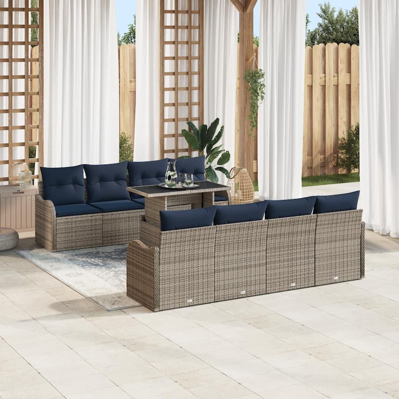 vidaXL 8/9 Garden Sofa Set with Cushions Black/Brown/Grey Poly Rattan - 113.8 x 48.2 x 27.2