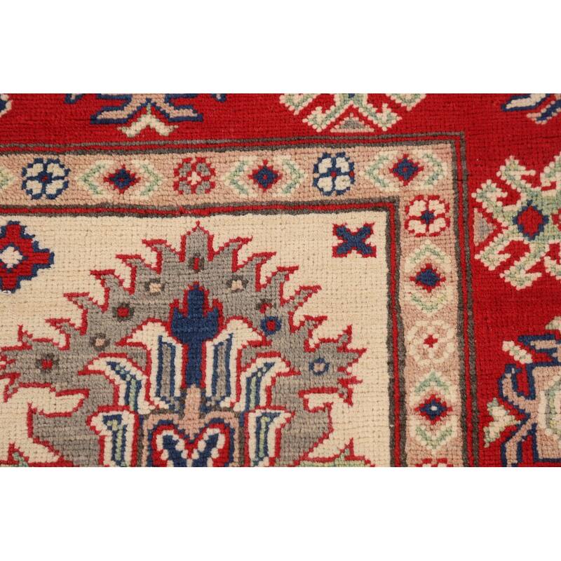 Geometric Kazak Area Rug Hand-Knotted Beige Wool Carpet - 5'2" x 6'6"