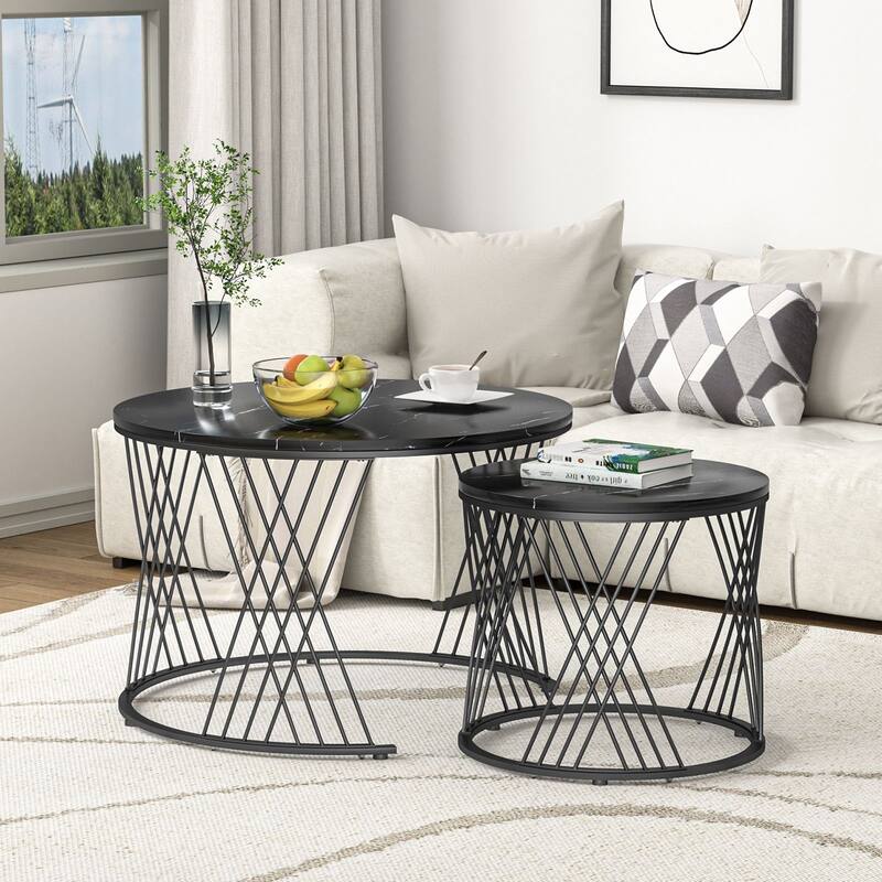 Anmytek Round Nesting Coffee Table Set of 2, White Modern End Tables Living Room Faux Marble Sofa Beside Table