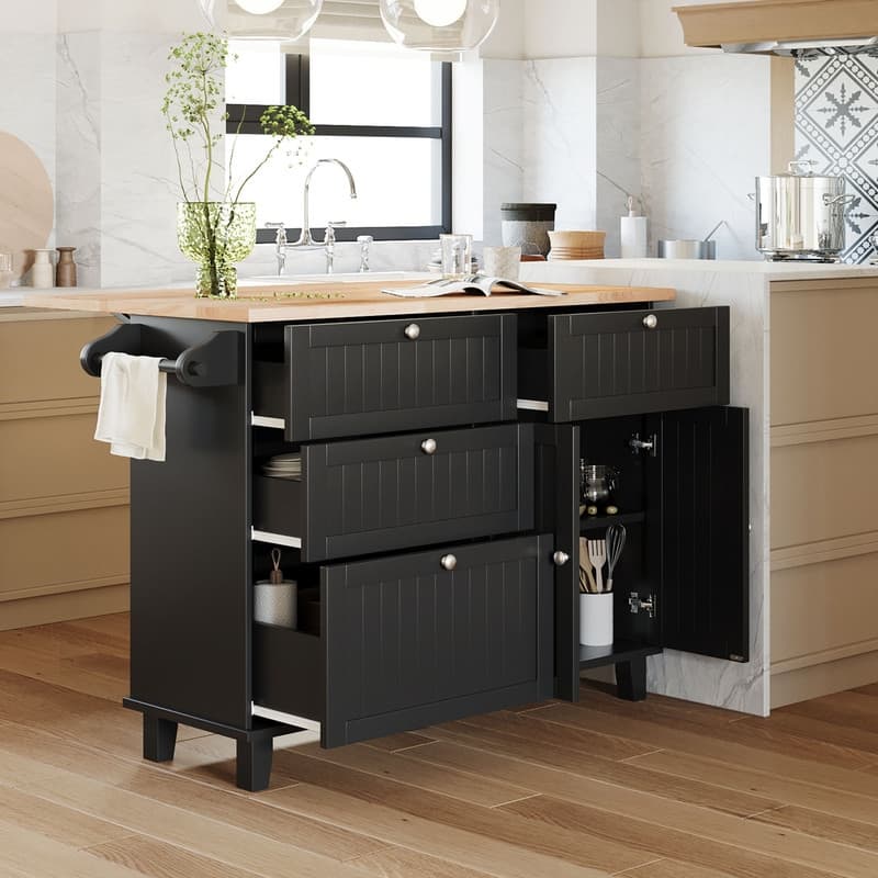 Farmhouse-Style Kitchen Island Set with Drop-Leaf Table, Two Seats, Storage Cabinet, Drawers, and Towel Rack‌