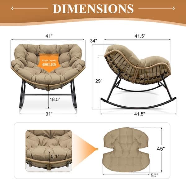 dimension image slide 1 of 3, Indoor Deep-seating Rocking Papasan Chair, Rocking Chair Outdoor, 450 lbs Outdoor Rocking Chair, Oversized Rocker Chair