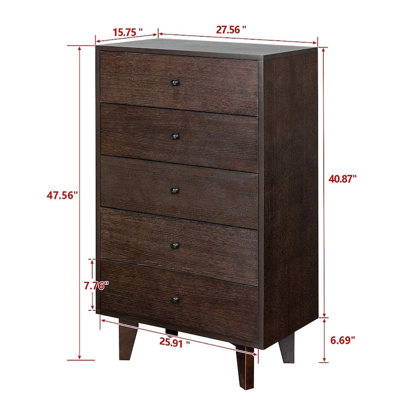 Modern Auburn Solid Wood Dresser Chest of Drawers with Retro Round Handle