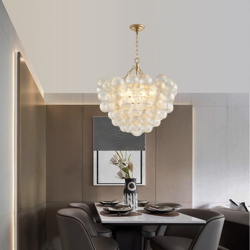 Adjustable Gold Pendant Chandelier with Threaded Clear Glass Globe Shade–Perfect for Living Rooms,Dining Rooms (No Bulbs) .