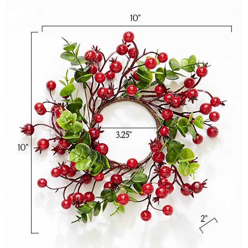 3.25" Inner Diameter Artificial Christmas Red Berries & Eucalyptus Leaves Pillar Candle Ring, Centerpiece Set of 3 - 3.25
