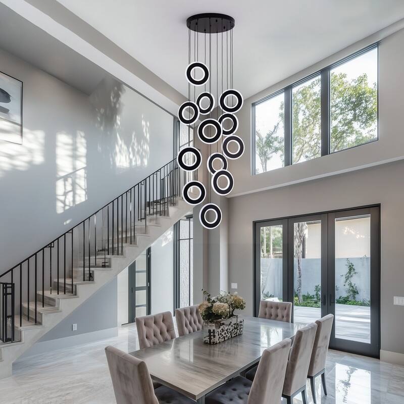 12-Light LED Foyer Chandelier Dimmable Entryway Staircase Hallway Spiral Long Ceiling Chandeliers with Remote/APP Control - Black