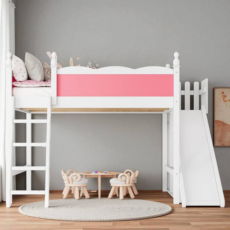 Full/Queen Loft Bed with Storage Shelves, Cabinet & Detachable Slide, Solid Wood Loft Bed with Ladders, No Box Spring - Light White Pink - Queen