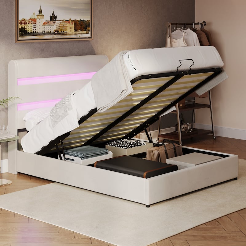 LED Storage Bed with Velvet Upholstery Headboard & Footboard, Beige Full