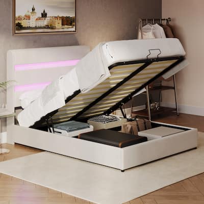 Roomfitters King Size Upholstered Platform Hydraulic Storage Bed with Lift-Up Mechanism and RGB LED Light Headboard