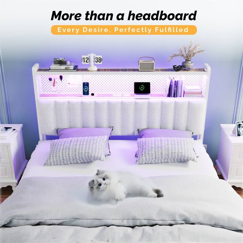 Adjustable Upholstered Headboard with 2 Tier Shelves with Charging Stations and LED Lights, Modern Bed Headboard with Storage