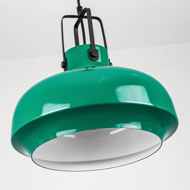 1-Light Farmhouse Industrial Green Dome Adjustable Pendant Hanging Light with Matte Black Hardware for Kitchen Island