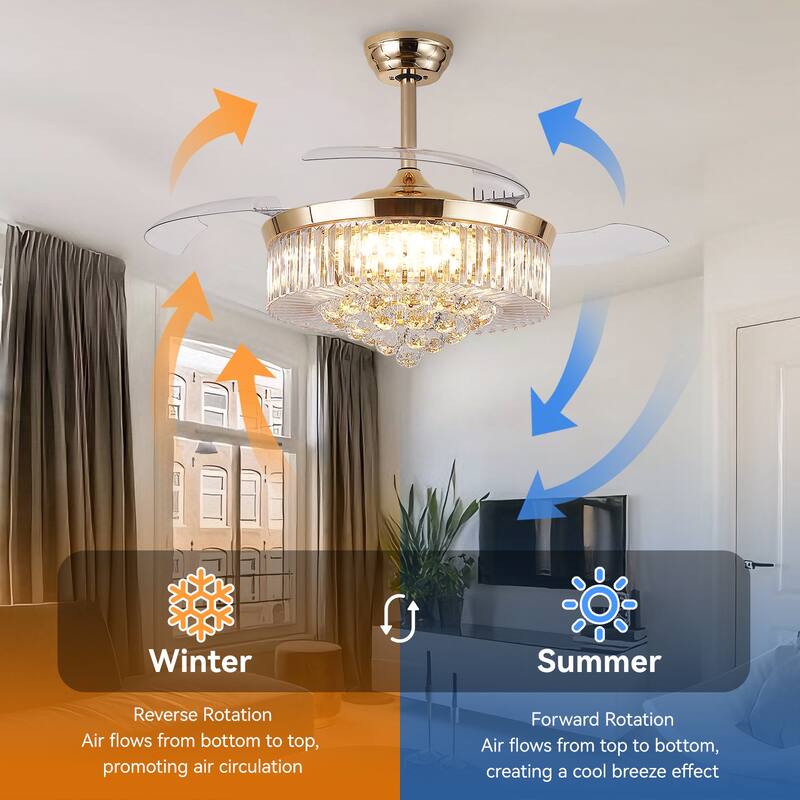 Kviflon 48'' Retractable Ceiling Fan with Lights and Remote 6 Speed, 3 Light Change Retractable Blade Chandelier Ceiling Fan