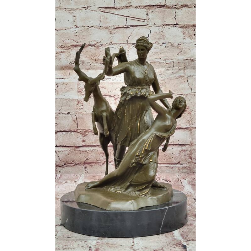 Bronze Diana Huntress And Deer Statue Clical Mythical Sculpture Decor