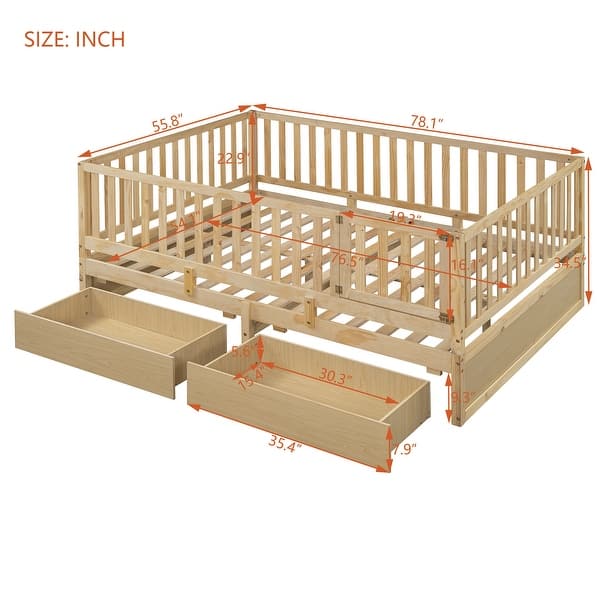 dimension image slide 3 of 5, Wood Cribs Convertible Toddler Bed with Fence Guardrails and 2 Drawers Split into Independent Floor Bed and Daybed Slat Support