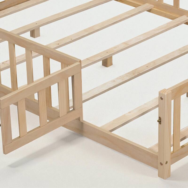 Full Size Montessori Floor Bed with Fence and Door, Solid Wood Platform Bed with Slats for Kids and Toddlers