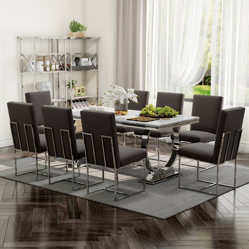 White and Gold Dining Room Table Set with 72 inch Table and White PU Leather Dining Chairs