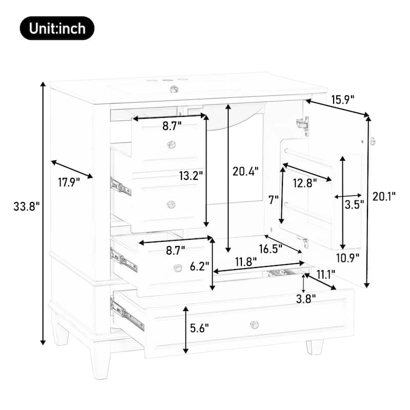 30 Inch Bathroom Vanity with Ceramic Sink, Freestanding Cabinet with 1 Door, Adjustable Shelf & 3 Drawers, Soft-Close Door