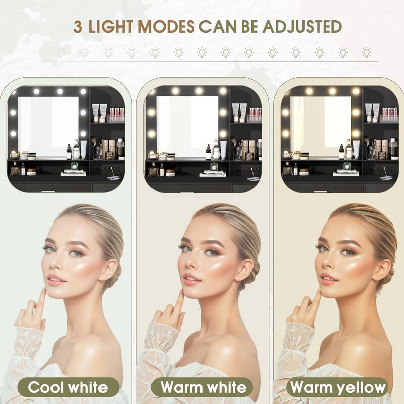 Furniwell Makeup Dresser Desk Table with Lighted Mirror,Vanity Desk with Charging Station, 1 Drawers, 10 LED Light