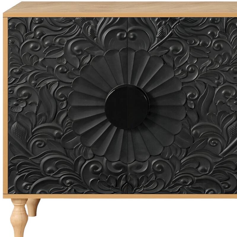 HomeRoots 68" Natural and Black Distressed Carved Floral Sideboard with Four Doors - 68.11' X '32' X '15.75