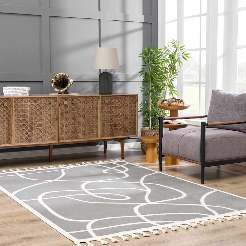 Hauteloom Azana Living Room, Bedroom Area Rug - Farmhouse - High Pile - Bone,Black - 5'3" x 7'