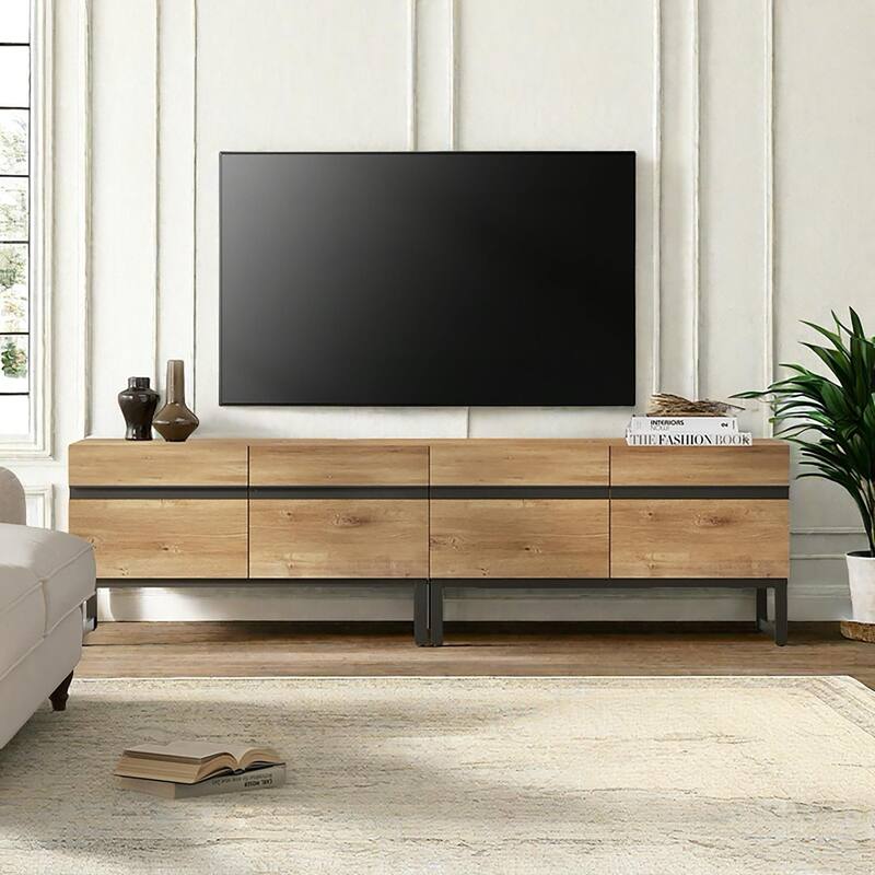 WAMPAT Modern TV Stand with Storage Cabinets, Wood Entertainment Center Media Console Table with Metal Legs for Living Room - 2 piece - Oak