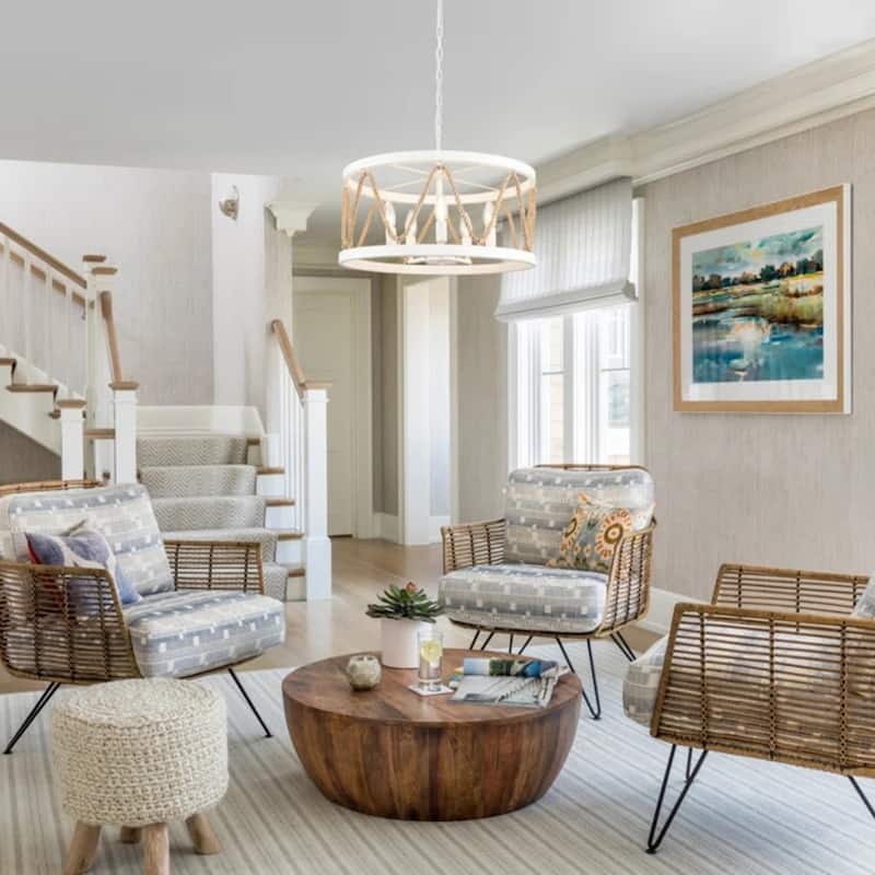 Modern 5-Light Hand-Woven Hemp Rope Drum Chandelier for Dining Room, Classic Semi Flush Mount Chandelier - W19.68"x H9.44"