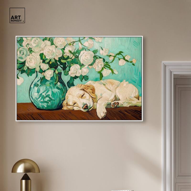 Rose Vase Puppy Canvas by Art Remedy