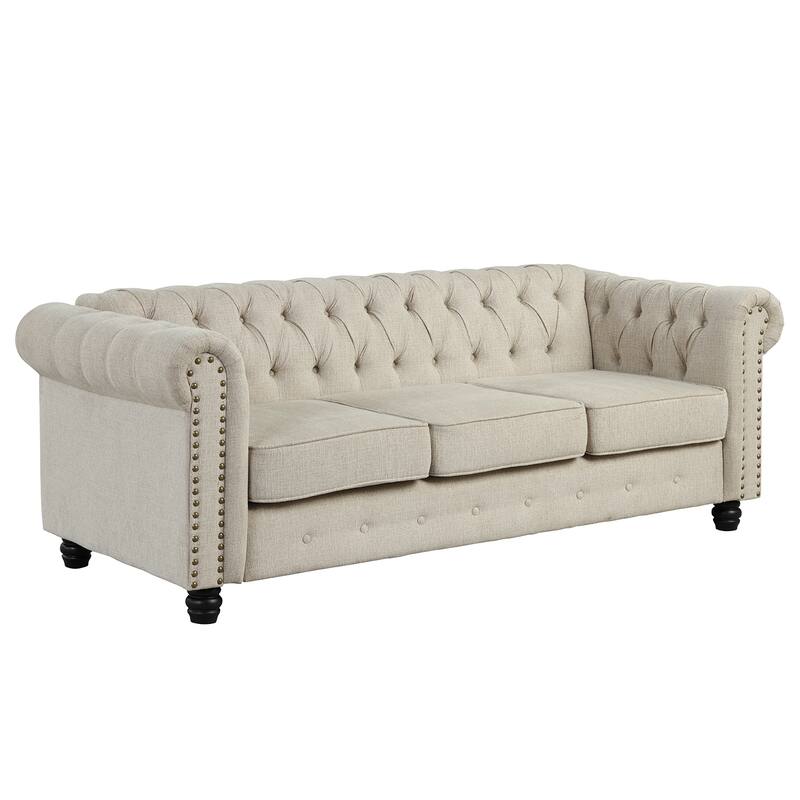 Morden Fort Button Tufted Upholstered Chesterfield Sofa Set Chair and Sofa,2 PCS for Living Room,Linen,Solid Wood Legs
