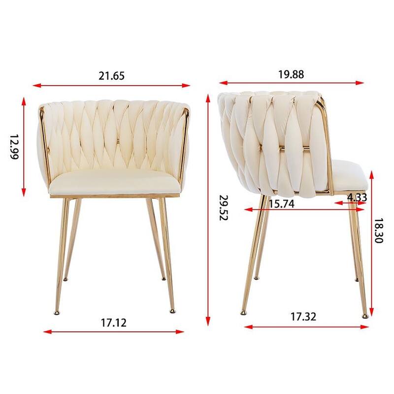 Velvet Fabric Dining Chairs Set of 2, Ergonomic Upholstered Lounge Chair, Accent Chairs with Woven Back & Metal Legs