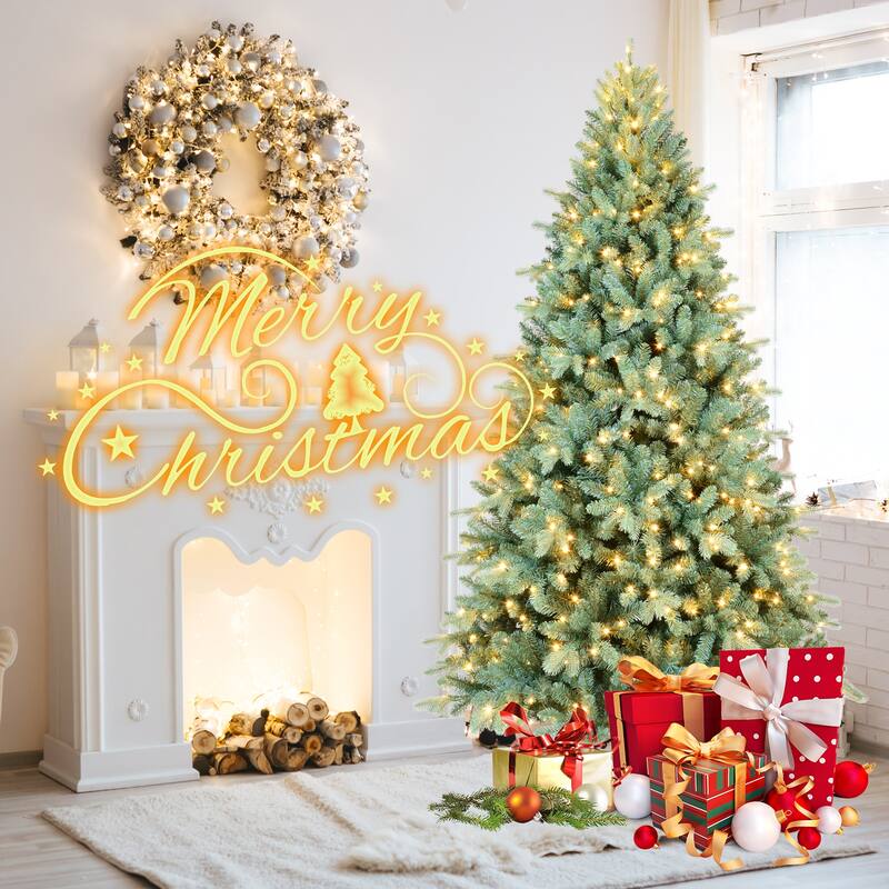 8FT Blue-Green Tint PE/PVC Christmas Tree with 650 Warm White LED Lights-2458 Tips,Full Natural Look, Metal Stand
