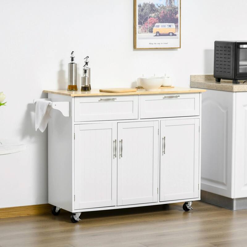 Mobile Kitchen Island with Wood Top, Drawers, Cabinets, Adjustable Shelves, and Towel Rack - White