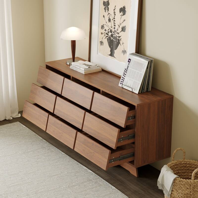 59" Mid Century Modern Sideboard Buffet Cabinet, Brown Wood Storage Cabinet with 9 Drawers for Living Room, Dining Room