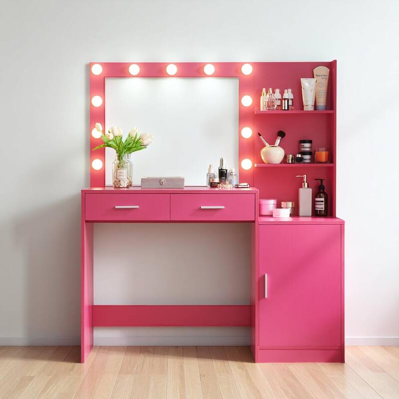 Makeup Vanity with Mirror and Lights, 46.4" Dressing Table with Storage Drawers, Shelves & 3 Light Modes - Pink