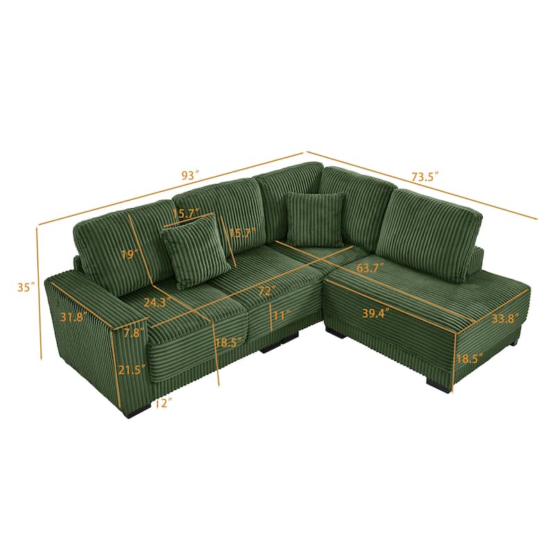 L Shaped Sectional Sofa with Reversible Chaise Lounge, Convertible Sectional 3 Seat Sofa, Corduroy Upholstered Corner Sofa
