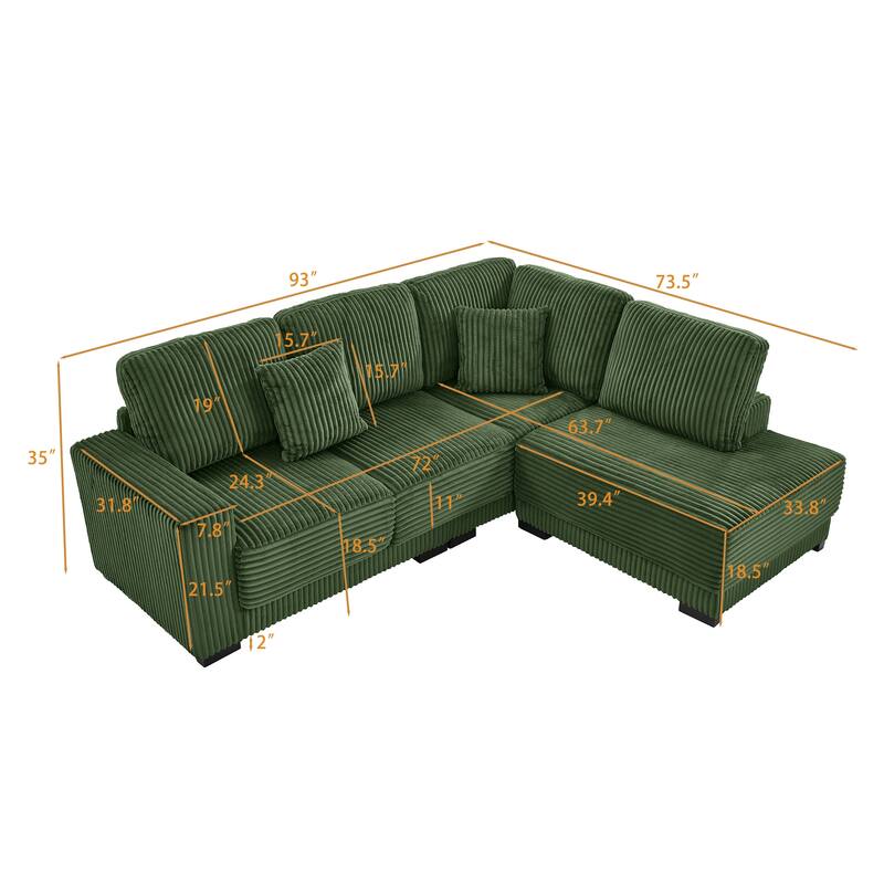 L-shaped Sectional Sofa with Reversible Chaise Lounge and Pillwo Corduroy Upholstered Couch with Removed Sofa Covers