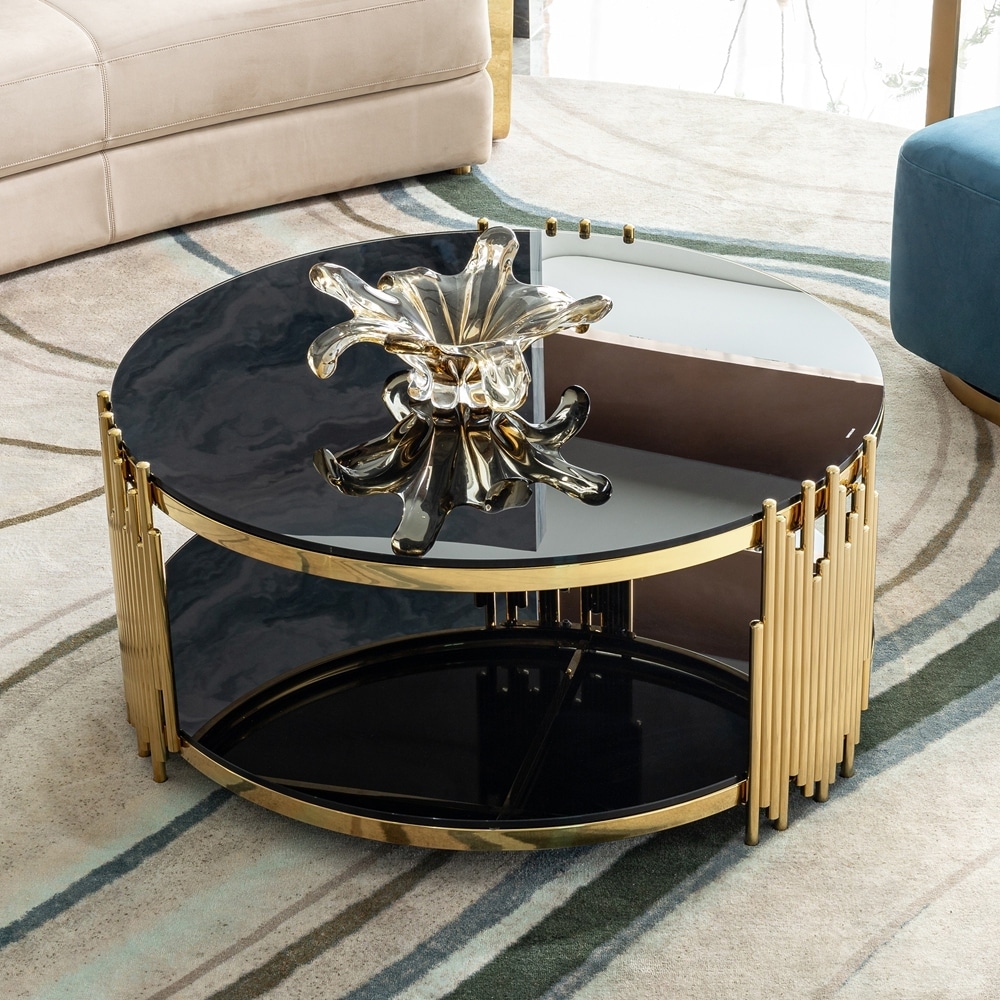 Double-Layer Tempered Black Glass and Gold Stainless Steel Frame