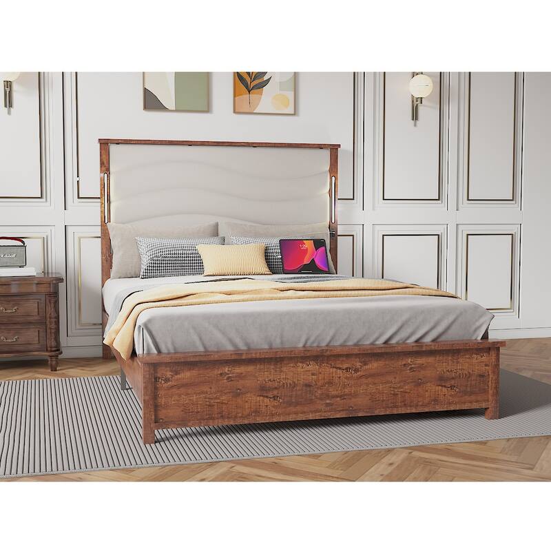 King Size bed Frame with Upholstered Headboard, King bed Frame with Charging Station and LED Lights, Wood Slats