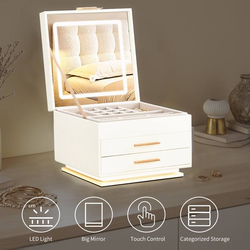 FCH with Tri-color Mirror Light 2 Drawers Bottom with Ambient Monochrome Strip White Cabinet Pink Velvet Jewelry Box