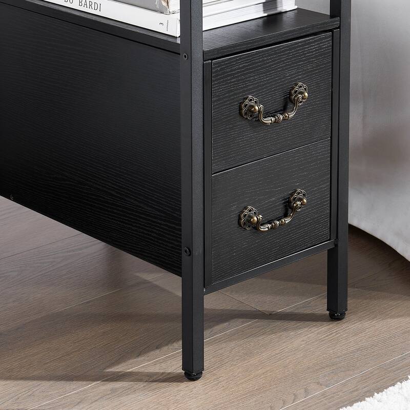 VECELO 2-Drawer Modern End Tables with Glass Top, Narrow Side Tables with Drawers, Nightstands for Small Spaces