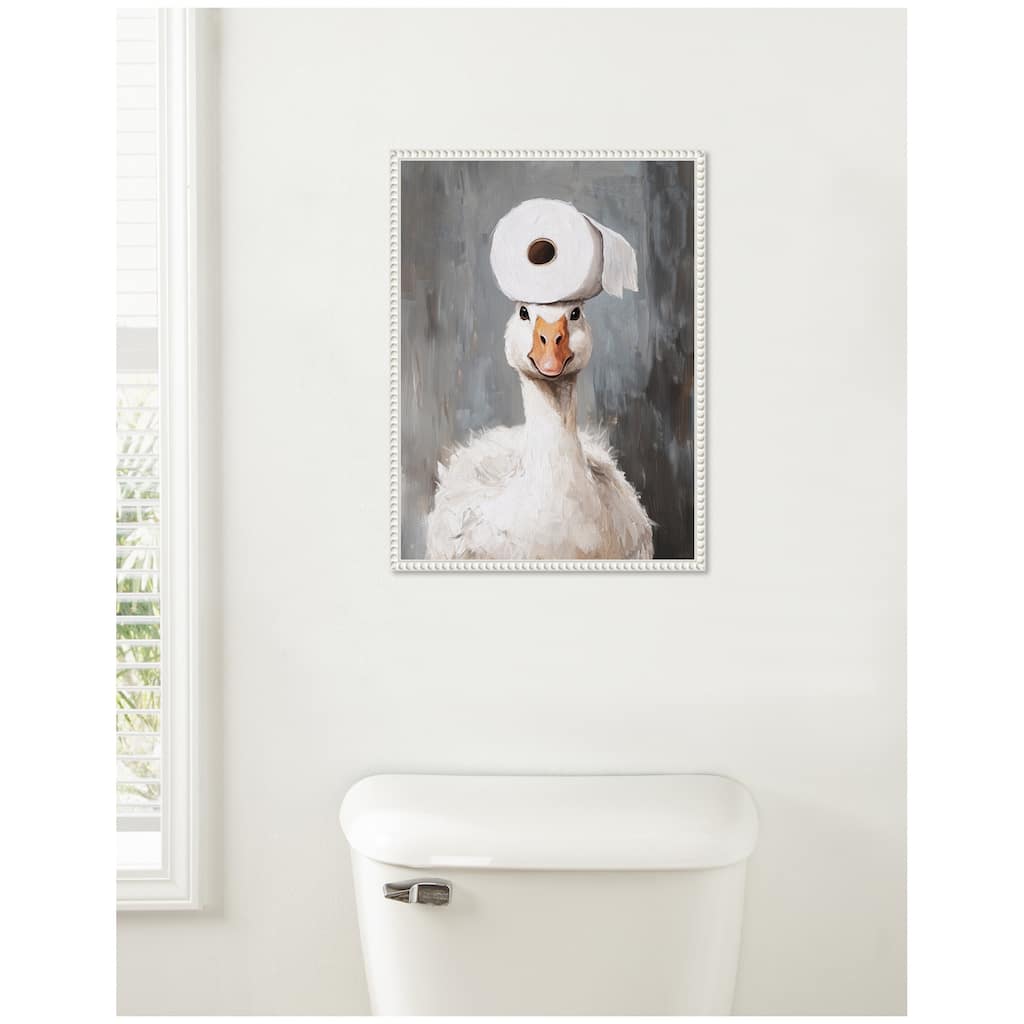 Kate and Laurel Sylvie Toilet Paper Roll on Cute Goose Head Bathroom Art Framed Canvas by The Creative Bunch Studio