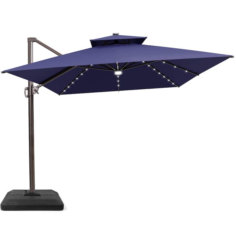 13 x 10 FT Solar Powered LED Light Patio Cantilever Umbrella Aluminum Pole with Base - Navy Blue