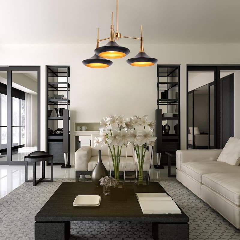 Conia Modern 3-Light Wheel Chandelier Black Gold Pendant Lights for Dining Room - 25.2" D x 11.8" H