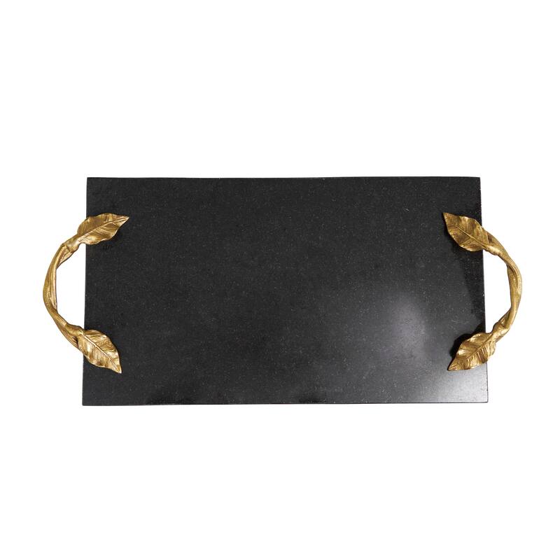 Black Marble Oval or Rectangle Tray with Gold Leaf Handles