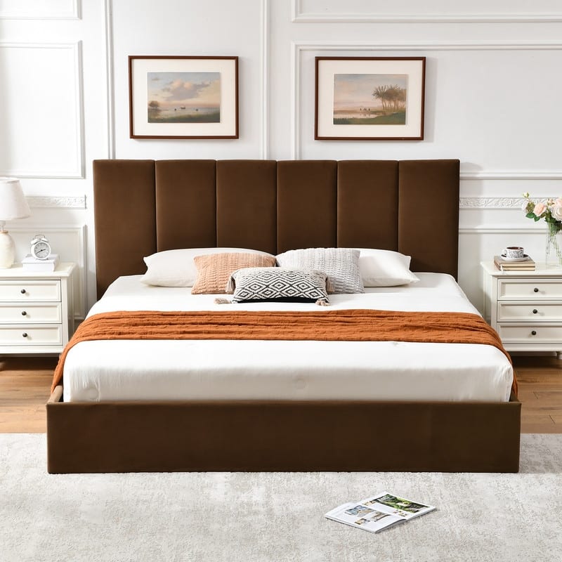 Modern Upholstered Lift-Up Storage Platform Bed with Headboard - Brown - King