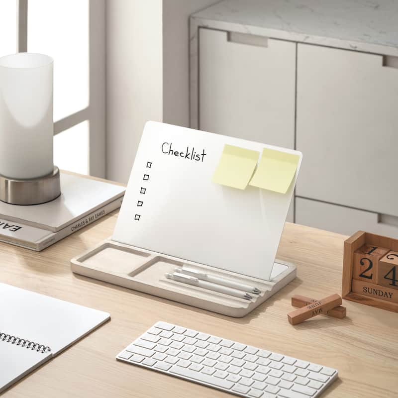 Jani Wooden Desk Organizer with Magnetic Whiteboard - Solid Wood, Hidden Storage & Anti-Skid Base for Home, Office & Workspaces - Off-White