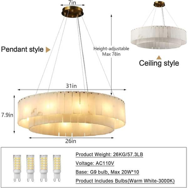 KAYLA Natural Alabaster Chandelier, Adjustable Modern Chandelier.