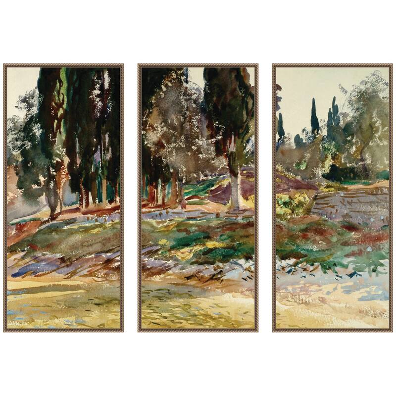 Kate and Laurel Cypress Trees at San Vigilio Lake Garda John Singer Sargent 3 Piece Framed Canvas Art Set by Nostalgia Prints - 3 Piece Set 18x40 - Gold