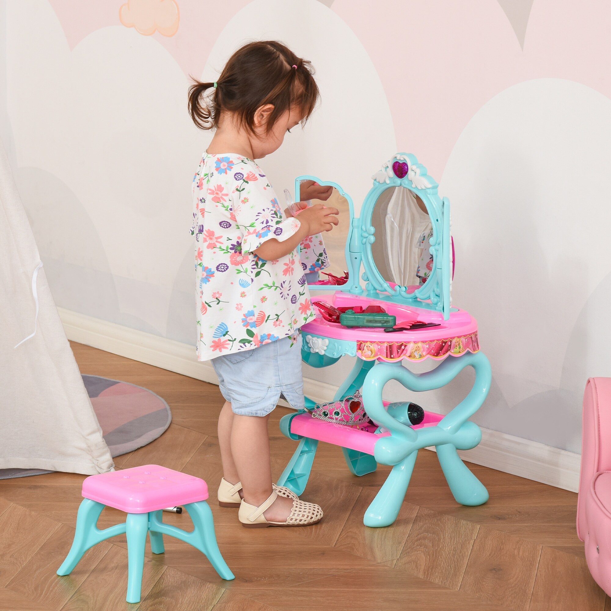 Princess Vanity Makeup Mirror Dressing Table Magic Toys Xmas Gift Girl Kids Toy 
